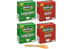 HerbOx Bouillon Bundle with Chicken, Beef, two 8ct boxes of each (32 total packets), and Make Your Day Mini Bamboo Spatula