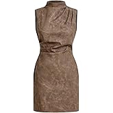 RoseSeek Women's PU Leather Ruched Bodycon Dresses Mock Neck Sleeveless Zipper Mini Tank Dress
