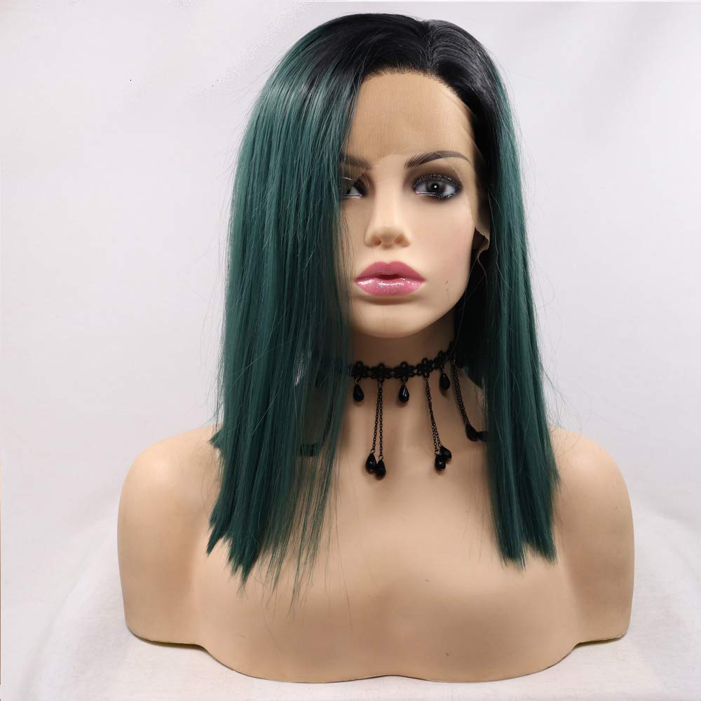 Xiweiya Short Cut Straight Ombre Dark Green Color with Dark Root 14" Bob Wig Side Part Heat Resistant Fiber Bottle Green Synthetic Lace Front Wigs Tied Replacement For Women