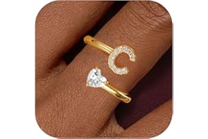 Treasure Bender Initial Gold Rings for Girls Women - Dainty 14K Gold Plated Adjustable Letter A-Z Rings Teen Girls Gifts Trendy Stuff Heart CZ Initial Ring Teens Birthday Gift for Girls Non Tarnish