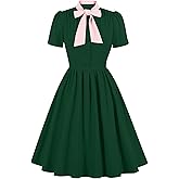 1950s Dresses for Women Vintage Rockabilly Retro Short Sleeve Tie Midi Dress Cocktail Party Evening Prom Gown