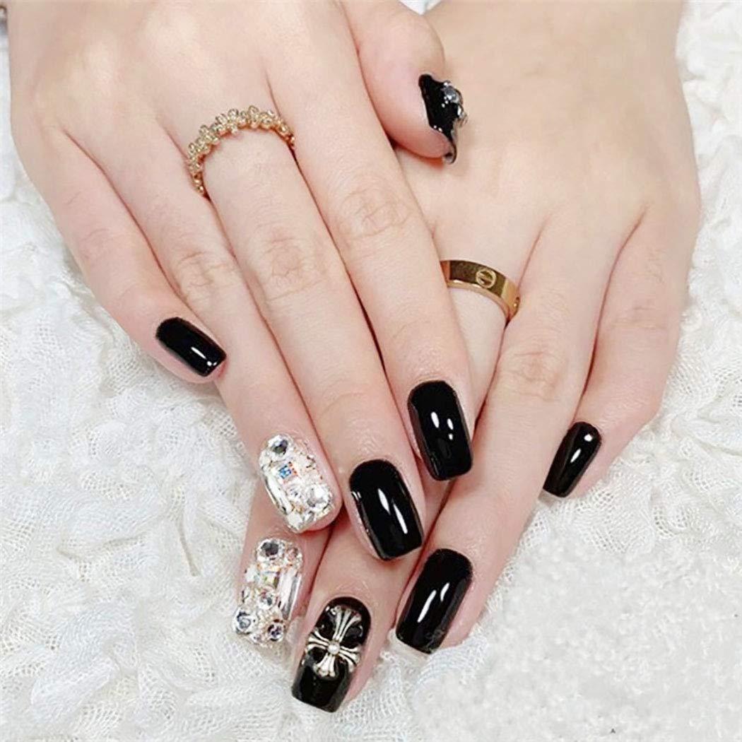 Fairvir Fashion Fake Nails Black Glitter Rhinestones Cross Full Cover Aryclic False Nail Spuare Daily Party Prom Clip Press On Nails for Women and Girls（24Pcs)