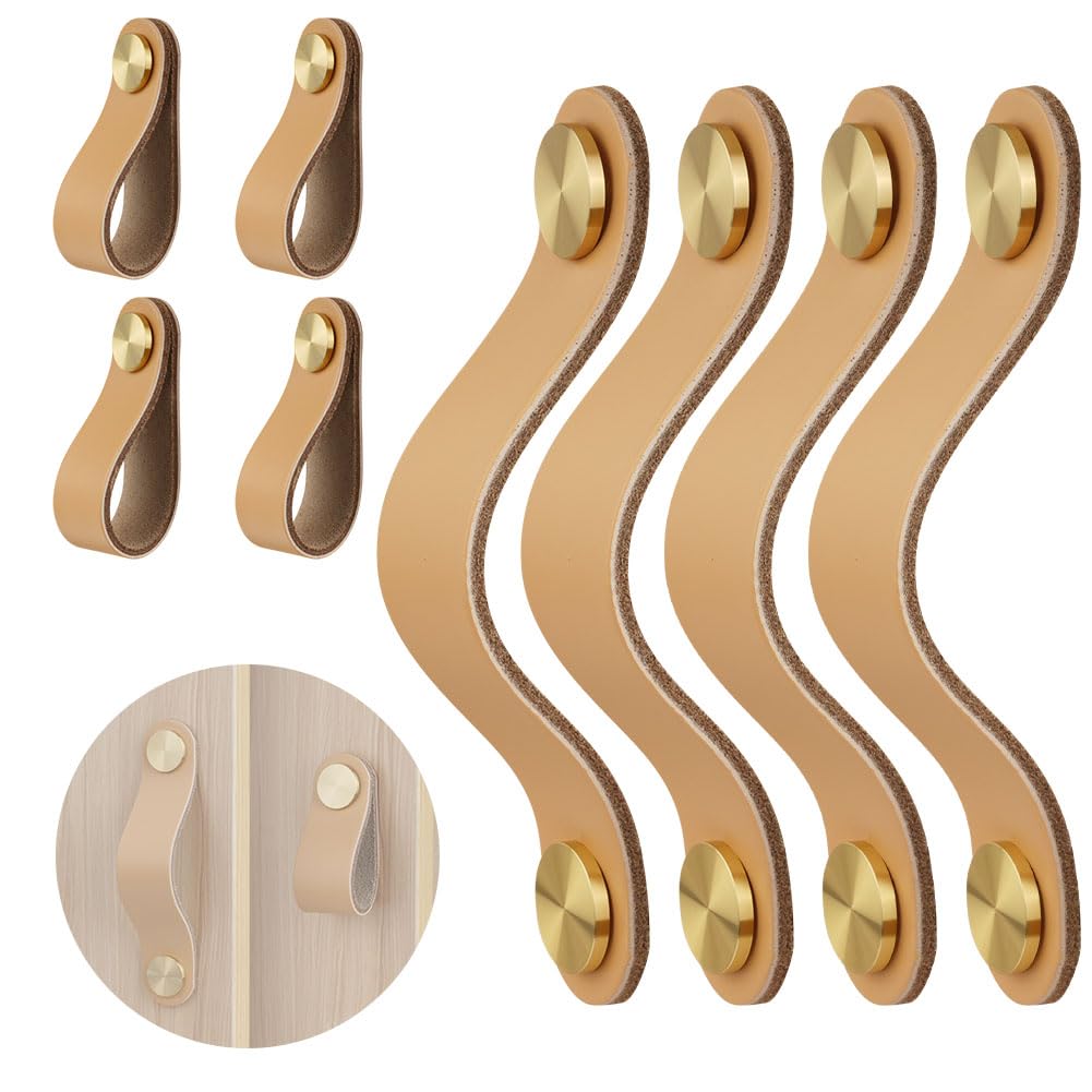 flintronic Leather Pull, 4Pcs Wardrobe Door Leather Handle, Leather Pulls Hole Pitch 128mm with 8 Pcs Screws, Leatherniture Handle Pull for Kitchen, Bathroom, Cabinets, Dresser Drawaers, Cloakroom