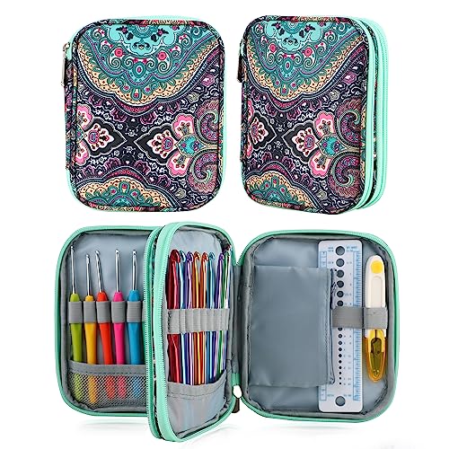 LOOEN Crochet Hook Case with Zipper and Web Pockets for Crochet Needles/Knitting Accessories - Lightweight Organizer Bag for Crochet Hook Kit Tools