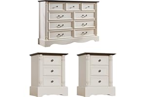 LegacyAmerhome 9 Drawer Dresser and Nightstand Sets for Bedroom, 3 Pcs Bedroom Set, Farmhouse Dresser with Charging Station, Modern Wood Chest of Drawers & Night Stand Set of 2, Antique White