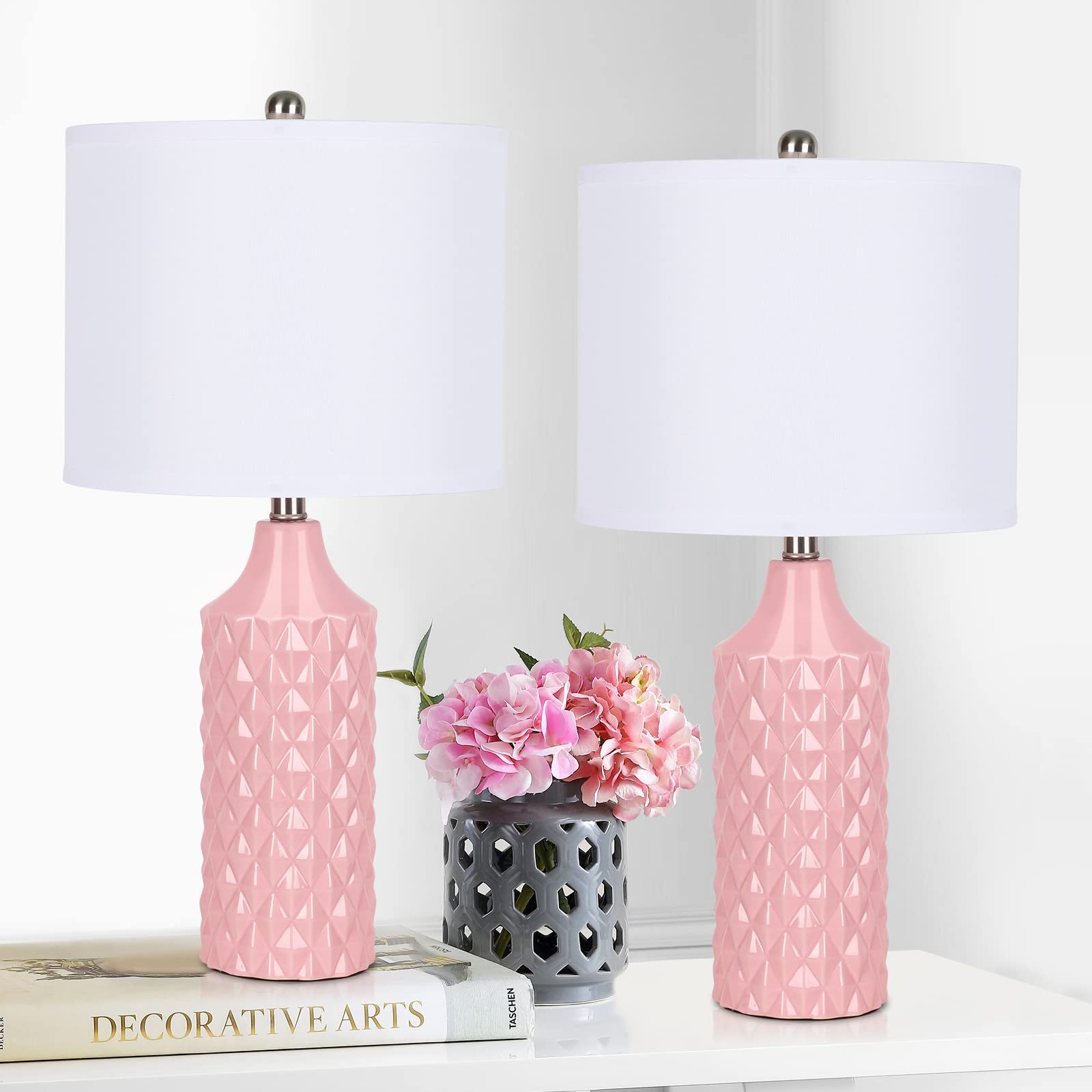 Photo 1 of Modern Pink Ceramic Table Lamps Set of 2, 25" Nightstand Lamps with 3-Way Dimmable Bulbs for Bedroom & Living Room