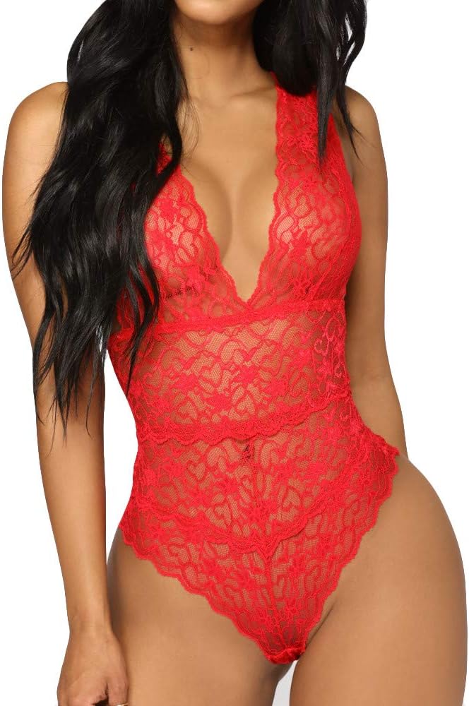 Women's Sexy Lingerie, Soft One Piece Pajamas Sleepwear Lace Bodysuit Nightwear