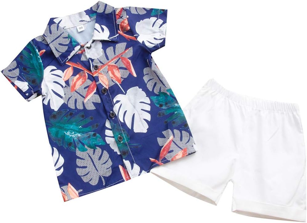 Boys' Button Down Shirts Hawaiian Cartoon Leaf Print Slim-Fit Short Sleeve Blouse Top and Shorts 2PCS Outfits for Kids
