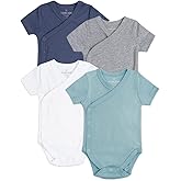 Baby Side Snap Bodysuit Set, 100% Cotton Boy Girl Unisex Kimono Onesie, 4 Pack