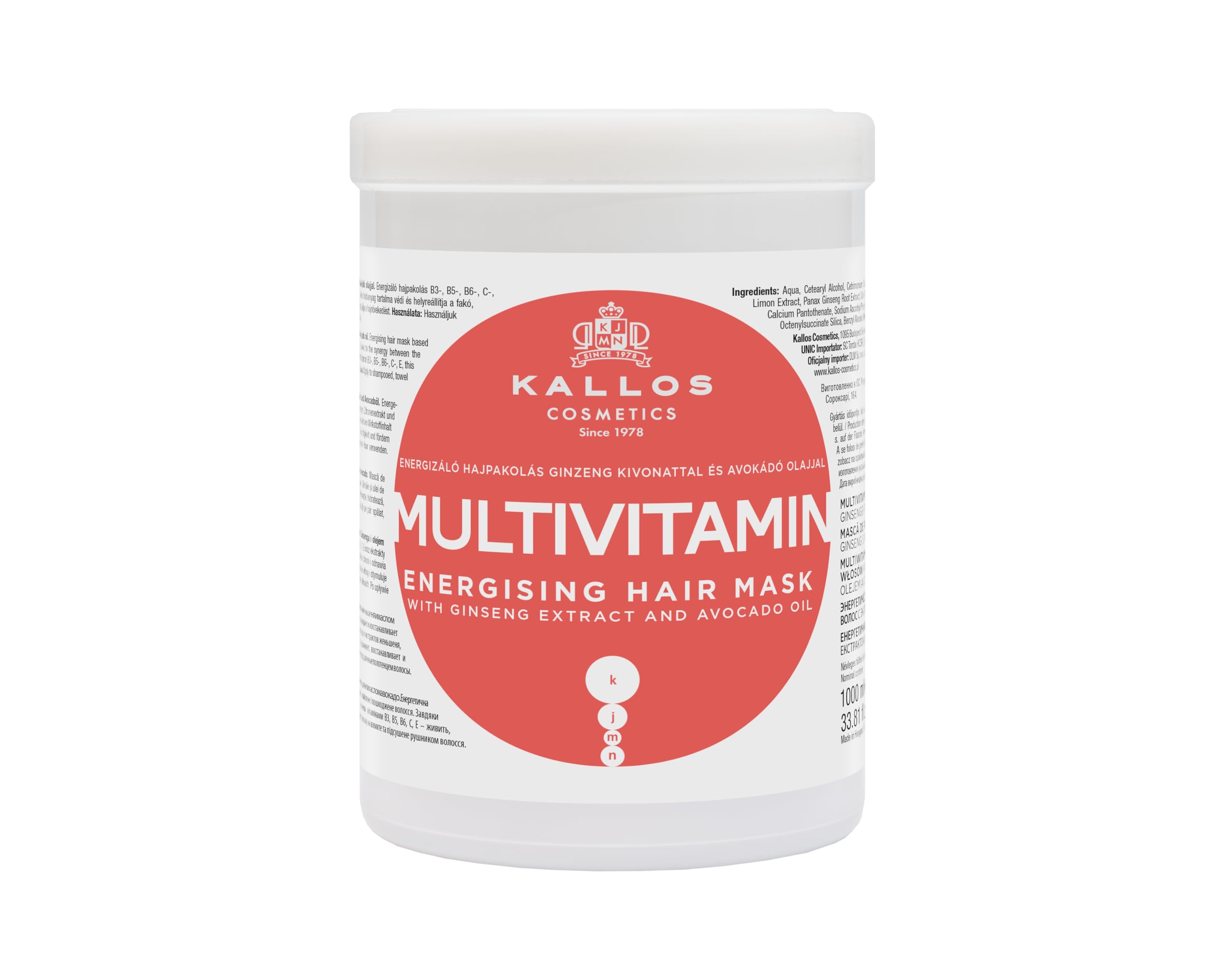 Kallos Cosmetics KJMN Multivitamin Energising Hair Mask for Fragile and Dull Hair, Nourishes, Hydrates and Helps Protect Against Heat-Styling Damage with Ginseng Extract and Avocado Oil – 1L