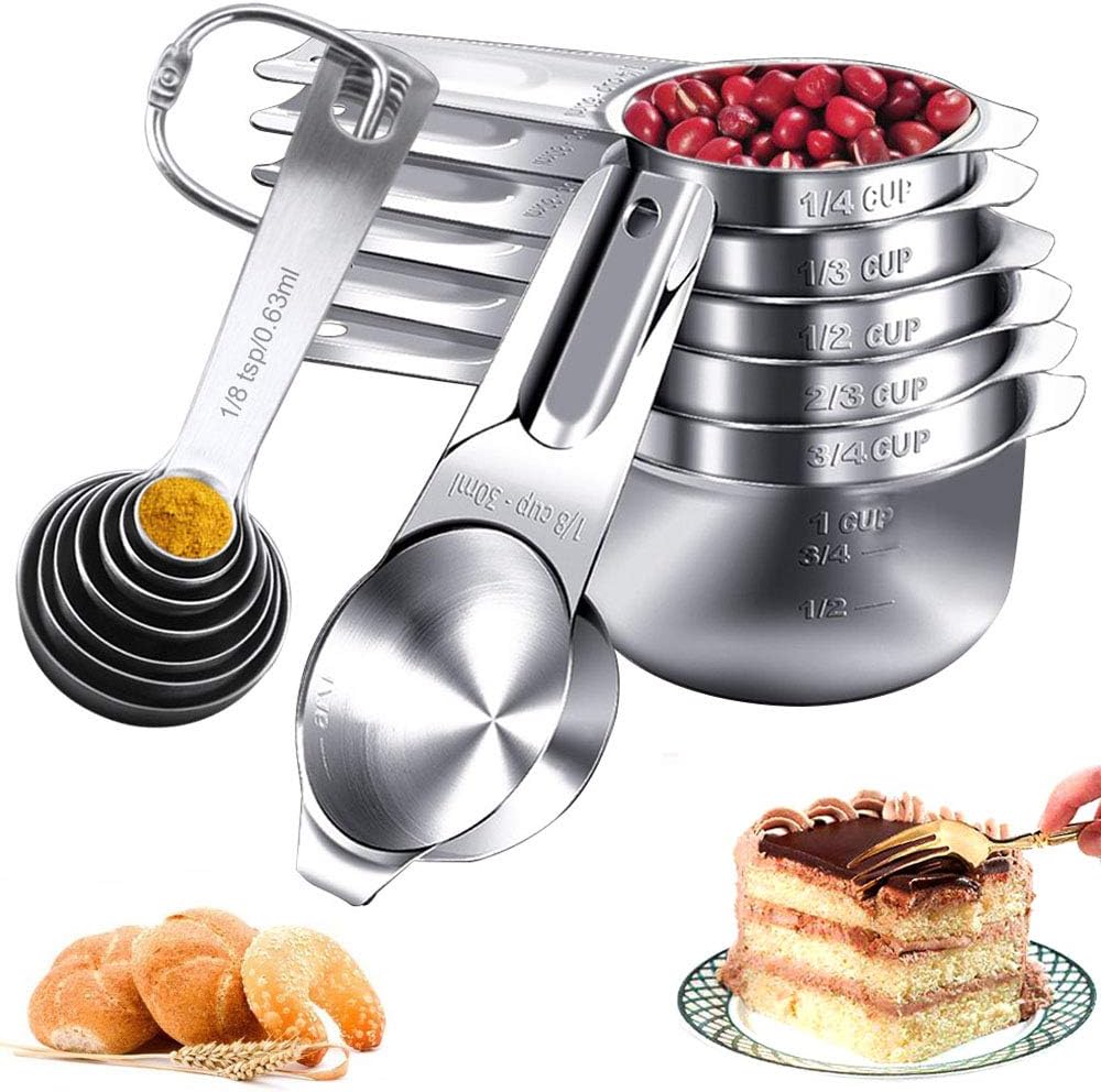 CHEFLY Stainless Steel Measuring Cups and Spoons Set 14 Pieces for Splendid Cooking and Baking with Engraved Lables Hanging Rings Nesting Design M1902