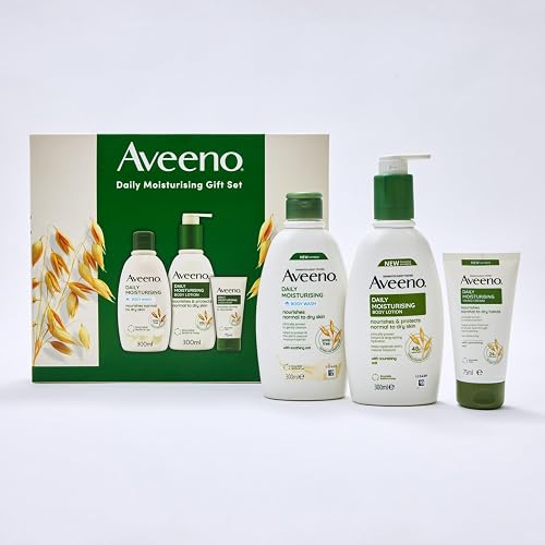 Aveeno Daily Moisturising Gift Set for Normal to Dry Skin, with Soothing Oat Extract, Body Wash 300ml + Body Lotion 300ml + Hand Cream 75ml, Pack of 3