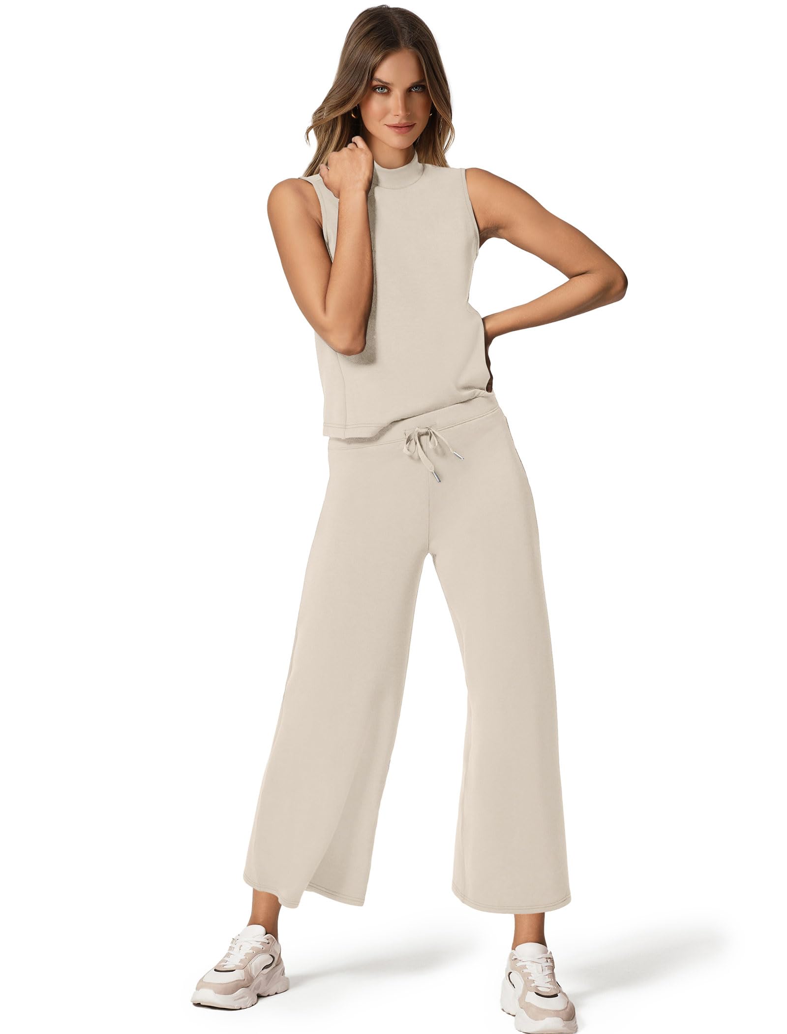SAMPEEL Two Piece Set for Women Summer Outfits Vacation Trendy Lounge Sets Mock Neck Matching Sets Women Clothing Wide Leg Crop Pants Set Travel Airport Sweat Set Beige M - Image 2