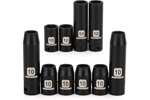 MIXPOWER 10PCS 1/4" & 3/8" Drive 10mm Deep&Shallow Socket, 6 Point & 12 Point, CR-V, Metric, Black Phosphate Finish…