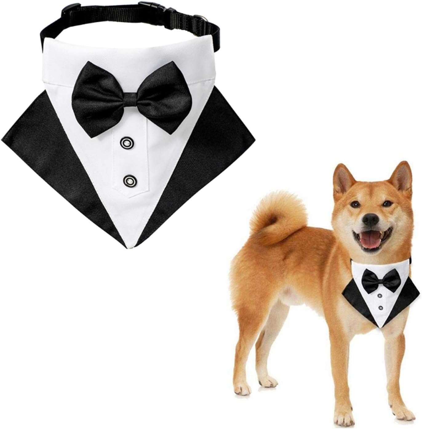 WANDIC Dog Tuxedo Bandana Collar, 1 Piece Adjustable Dog Wedding Bandana Formal Tux Dog Bowtie Bandana with D Ring for Medium Large Dogs