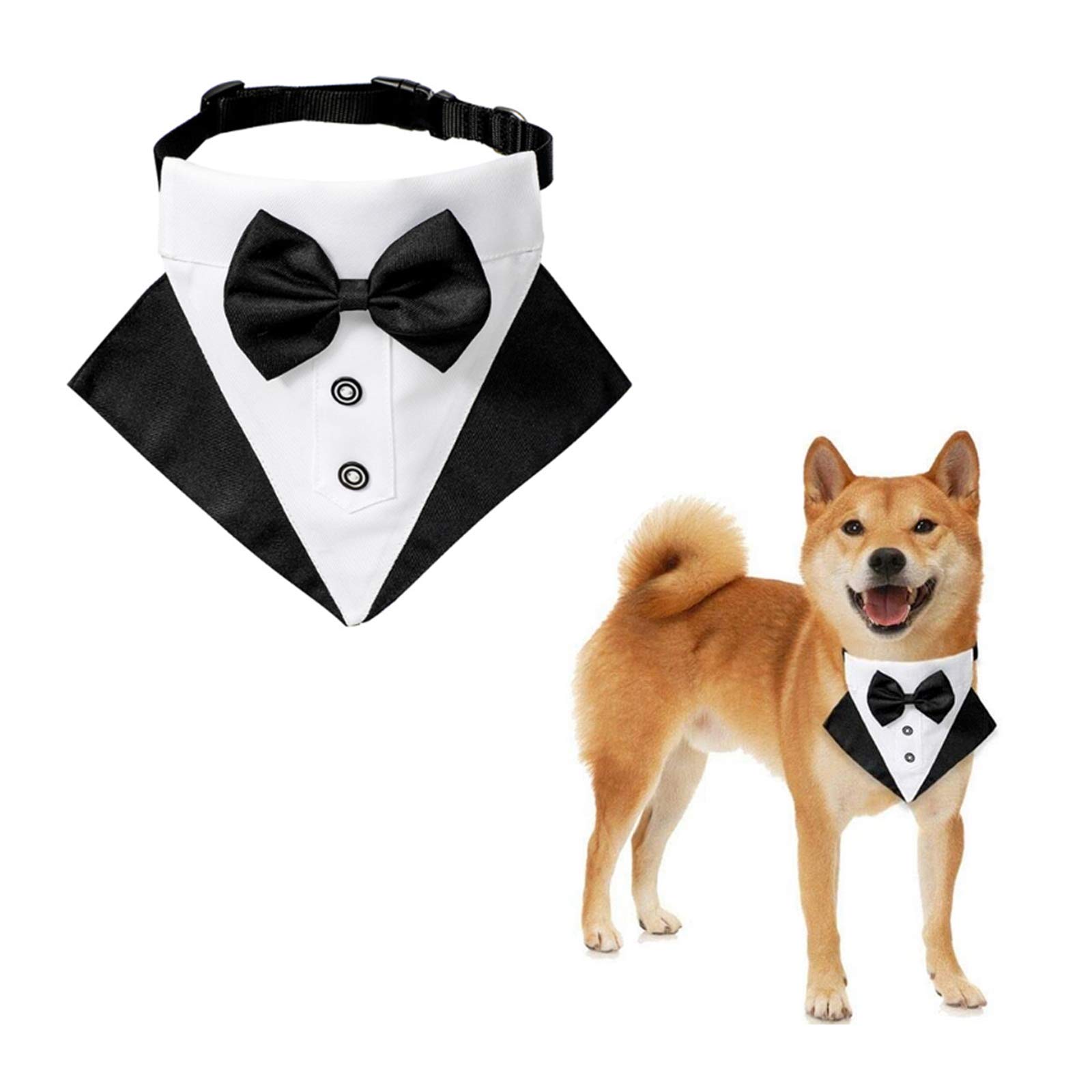 WANDIC Tuxedo Dog Bandana Collar, Adjustable Formal Wedding Bowtie Bandana with D Ring for Medium Large Dogs