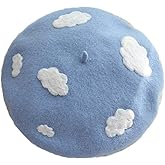 Kmiunty Women Handmade White Cloud Beret Hat Soft Wool Cap Winter Warm Beret Cap