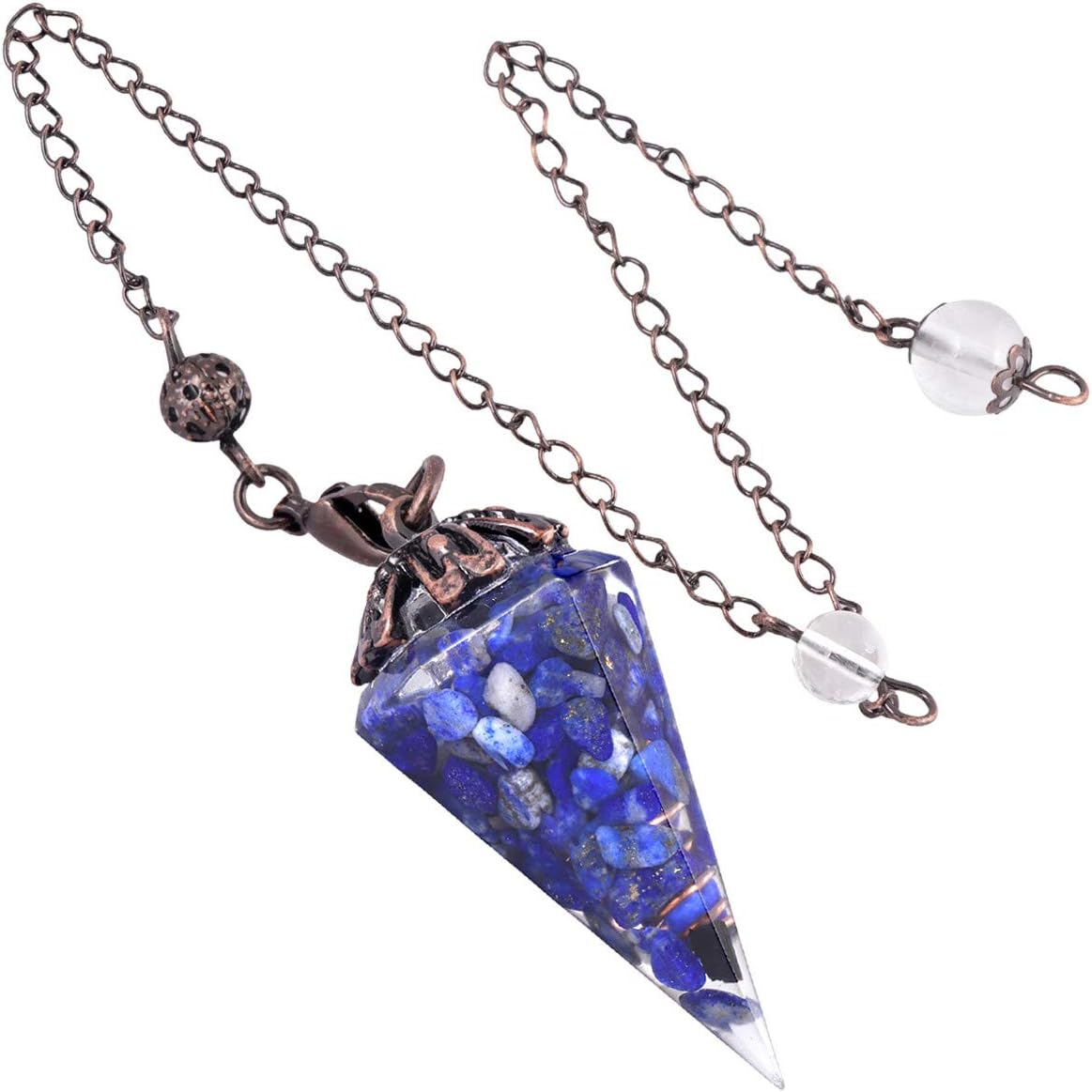 Nupuyai Lapis Lazuli Vintage Crystal Point Dowsing Pendulum for Divination Scrying Healing Faceted Hexagonal Resin Chip Stone Pendulum with Chain