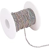 Pandahall 32.8 Feet Stainless Steel Curb Chain Rainbow Color Soldered Flat Oval Cross Cable Necklace Chain Link with Spool 3x2.5mm for Bracelet Earring Jewelry Making