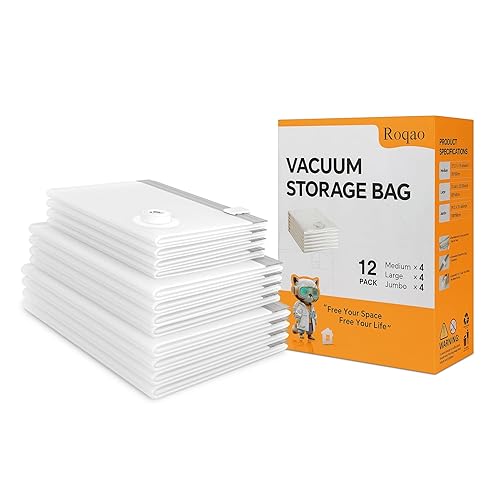 Roqao Vacuum Storage Bags 12 Pack (4 Jumbo/4 Large/4 Medium) Heavy Duty Space Saver Bags for Clothes, Duvets, Blankets & Travel, Airtight Vacuum Sealed Storage Bags, No Pump Needed