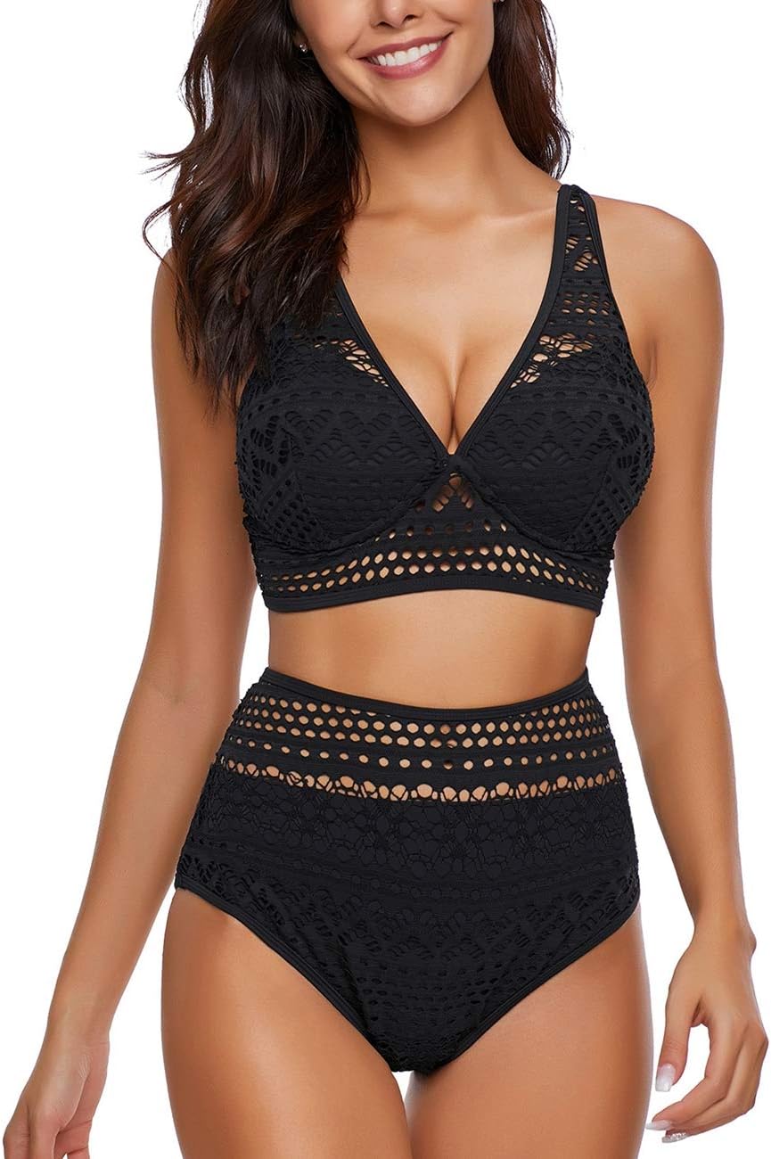 Women's Two Pieces V-Neck Crochet Bikini Set High Waist Swimwear