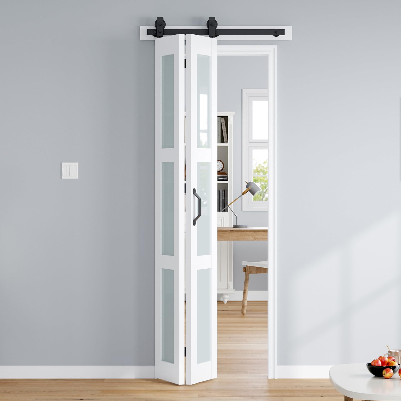 Photo 1 of ROYMELO Bifold Barn Door 28x84 Inch (Double 14x84), White Frosted Glass Bifolding Doors with 32" Hardware Kit Included, Closet Sliding Wood Panel Slab, Save Space, Simple DIY Assembly