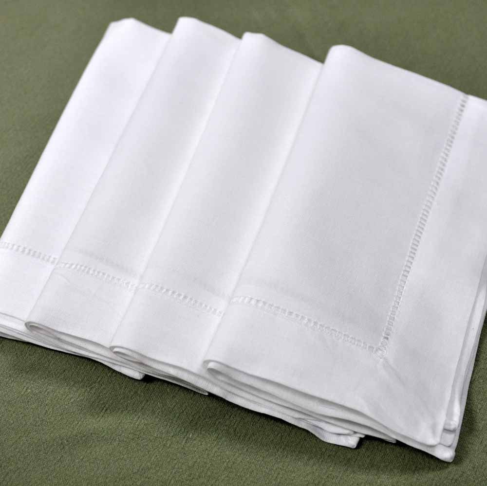 White Linen Hemstitched Dinner Napkins Set of 4 18" X 18" Ladder Hem