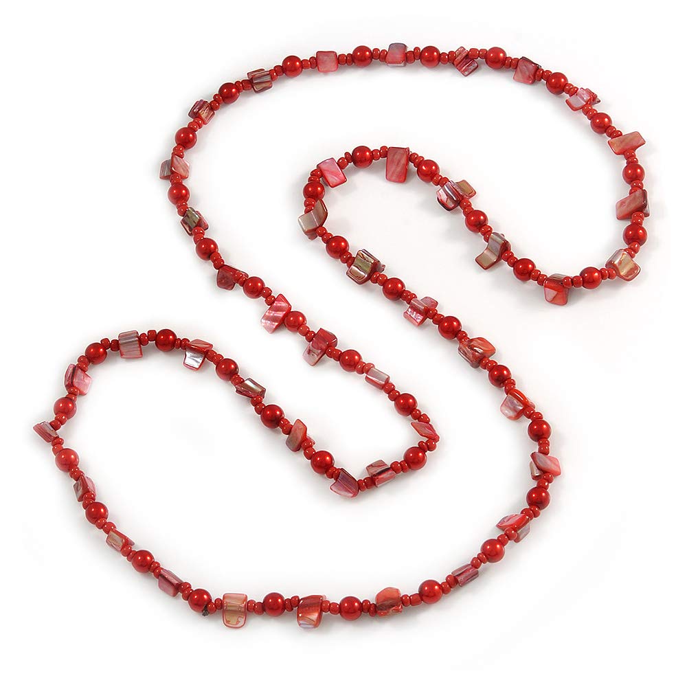 Avalaya Long Red Glass and Shell Bead Necklace/ 106cm Long