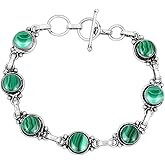 Round Shape Natural & Synthetic Gemstones Silver Plated Bracelets for Women - Vintage Bohemian Style Handmade Birthstone Adjustable Link Bracelet Jewelry Gifts for Wedding Anniversary Mother's Day