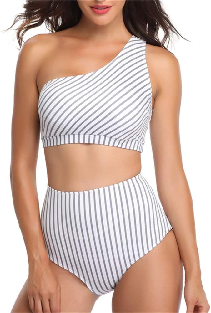 Women One Shoulder Swim Top Swimwear Swimsuit Hight Waisted Control Tummy Swimming Suit Bikini Striped Printed Tankin Bathing Suits