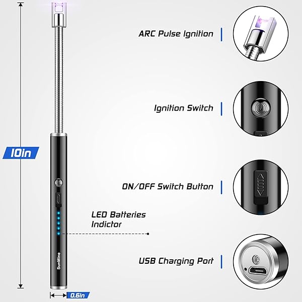 SUNMINE CANDLE LIGHTER ELECTRIC ARC LIGHTER USB RECHARGEABLE LIGHTER WITH 360° FLEXIBLE NECK LED DISPLAY FOR CAMPING COOKING BBQS FIREWORKS