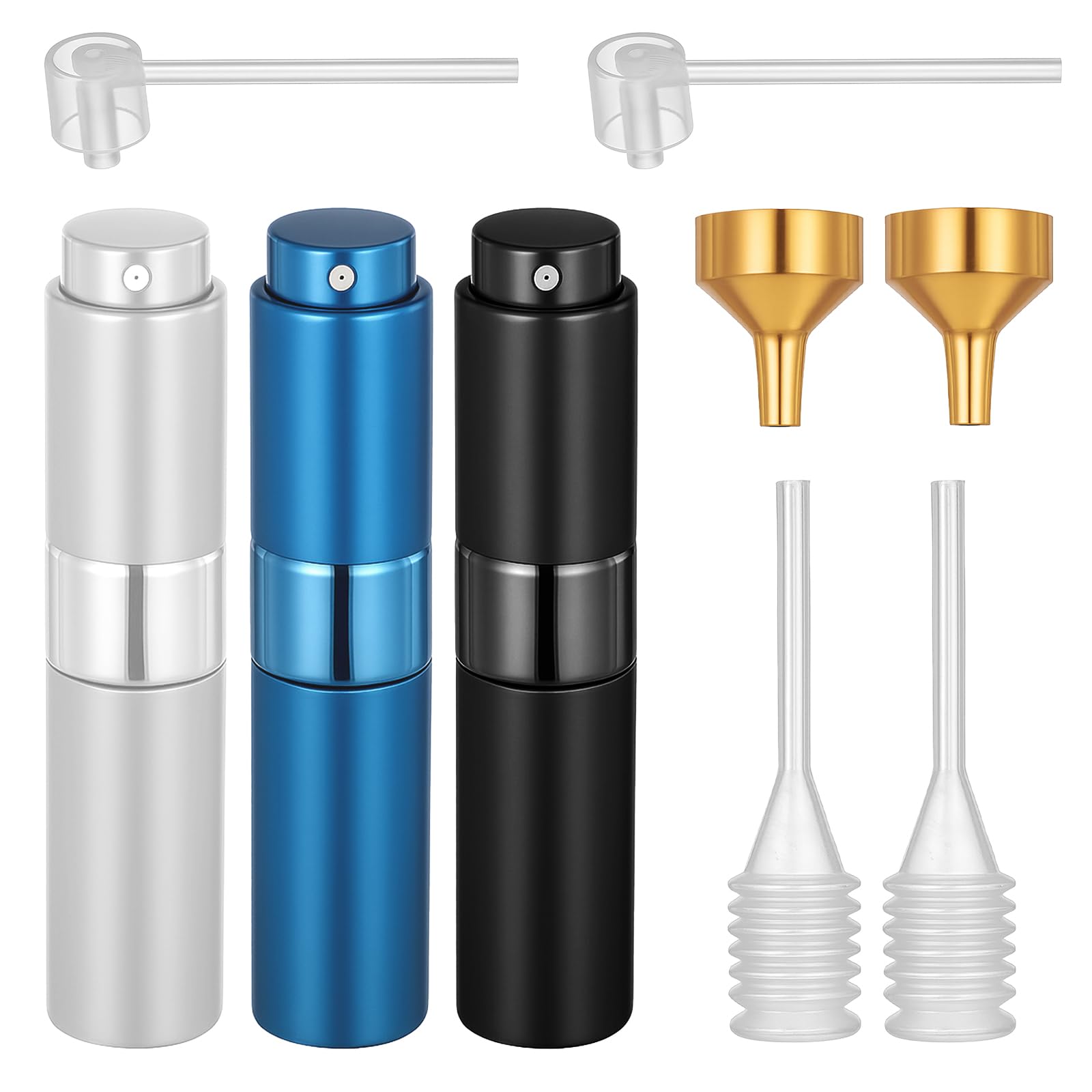 Photo 1 of ***MISSING PIECES*** YBEATY 3 Pcs Mini Portable Sprayer Bottle Travel Perfume Atomizer Refillable Empty with Plastic Spring Dropper and Pump Head Dispensers and Metal Funnels for Women Men