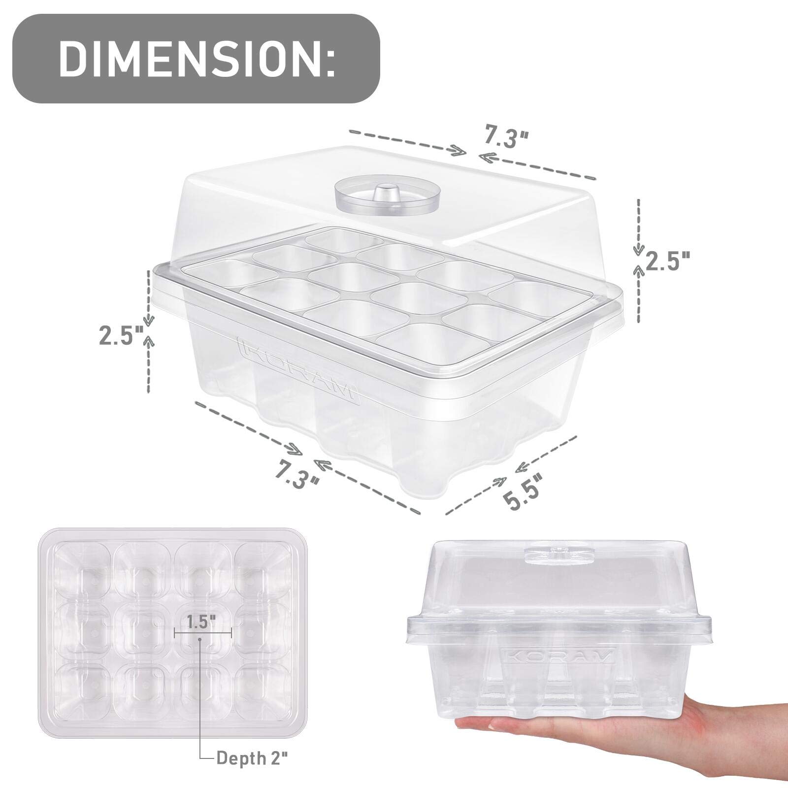 KORAM 10-Pack Seed Started Tray 120 Cells Clear Seedling Starter Tray Humidity Adjustable Seed Starter Kit with Lid Base Plant Tags and Hand Tool Kit (C12)