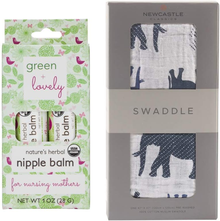 Nature's Herbal Nipple Balm + Swaddle Blanket (Blue Elephant) / Nursing Cover Set, Calming Nursing Ointment, Breastfeeding Cream, Certified Organic. Easy Application, 2 x 0.5 oz Sticks.