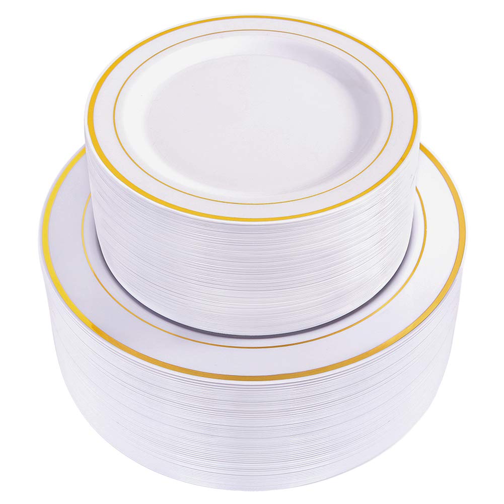 Photo 1 of WDF 120 pieces Gold Disposable Plastic Plates - White and Gold Plates Include 10.25" Dinner Plate & 7.5" Salad Plate for Thanksgiving Weddings/Party