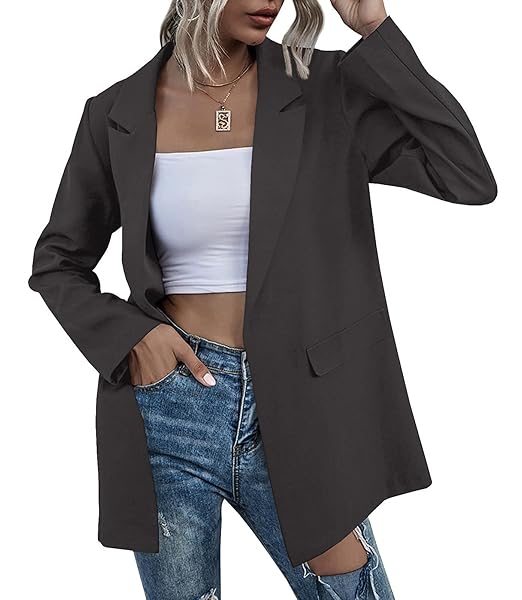 WOMENS WORK CASUAL OVERSIZED BLAZERS LONG SLEEVE OPEN FRONT OFFICE BUSINESS JACKETS DARK GREY
