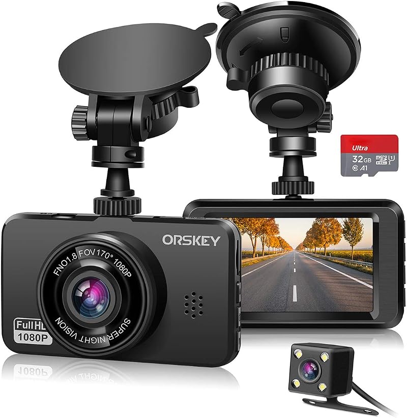 ORSKEY Dash Cam Front and Rear 1080P 170° Dual Lens with SD Card Included