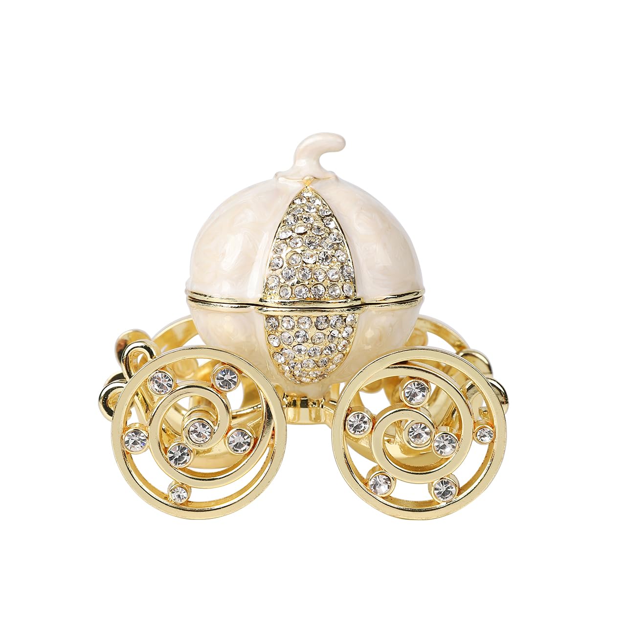 QIFU Hand Painted Pearl White Cinderella Pumpkin Carriage Trinket Box Hinged with Rich Enamel and Sparkling Rhinestones, Unique Gift for Family