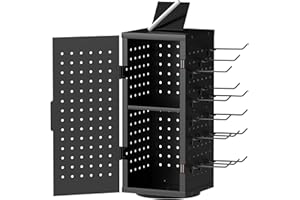 Alyoen Rotating Pegboard Display Stand With 24 Hooks - Metal Spinning Peg Board Organizer Accessories with Magnetic Door Design, Magnet Display Stand for Keychain, Jewelry, Earring（Black）