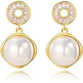 Xeyai 14k Gold Plated Big Pearl Earrings for Women Trendy, Dainty Pearl Drop Earrings Hypoallergenic Dangle Earrings Rhinestones CZ White Pearl Earring Statement Jewelry Gifts for Women