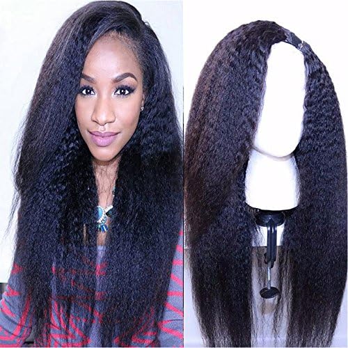 Brazilian Virgin Coarse Yaki Human Har Wigs Italian Yaki Human Hair U Part Wigs For Black Women Natural Color Kinky Straight Left U Part Wig (24" U Part Wig)