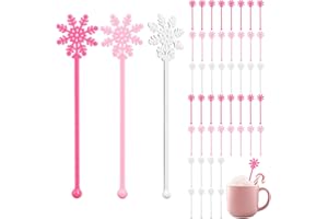 FYSUIMU 48Pcs Snowflake Coffee Stirrers Pink White Snowflake Cocktail Stir Sticks Winter Plastic Drink Swizzle Stick for Hot Chocolate Bar Supplies Xmas Home Party Decor