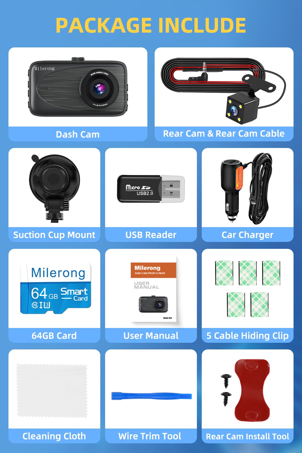 Milerong Dash Cam Front and Rear With 64GB Card, 1080P FHD Camera, 3