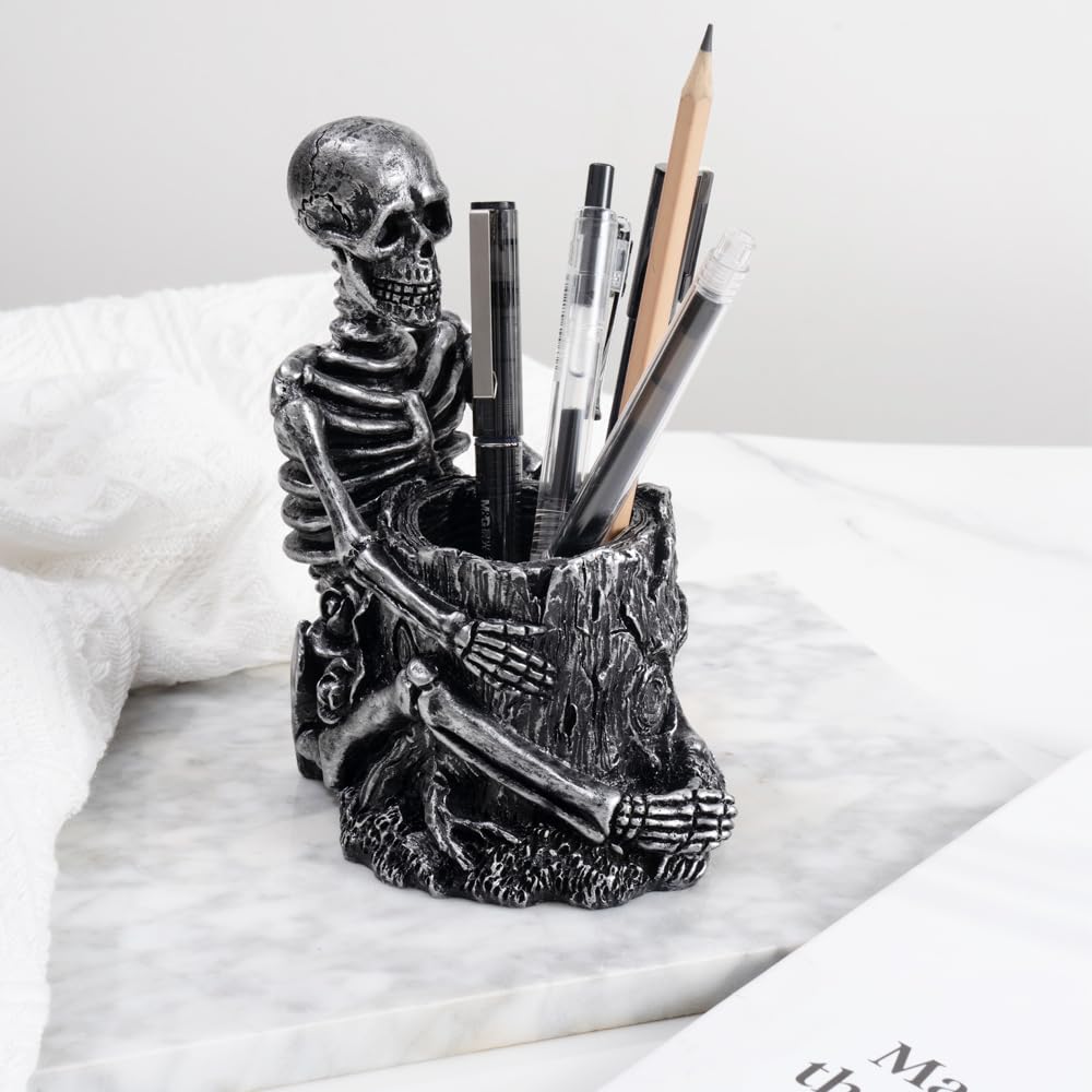 Arola Skull Pen Pencil Holder Skeleton Key Holder Makeup Brush Holder Home Office Desk Supplies Organizer Accessory（Silver-Plated）