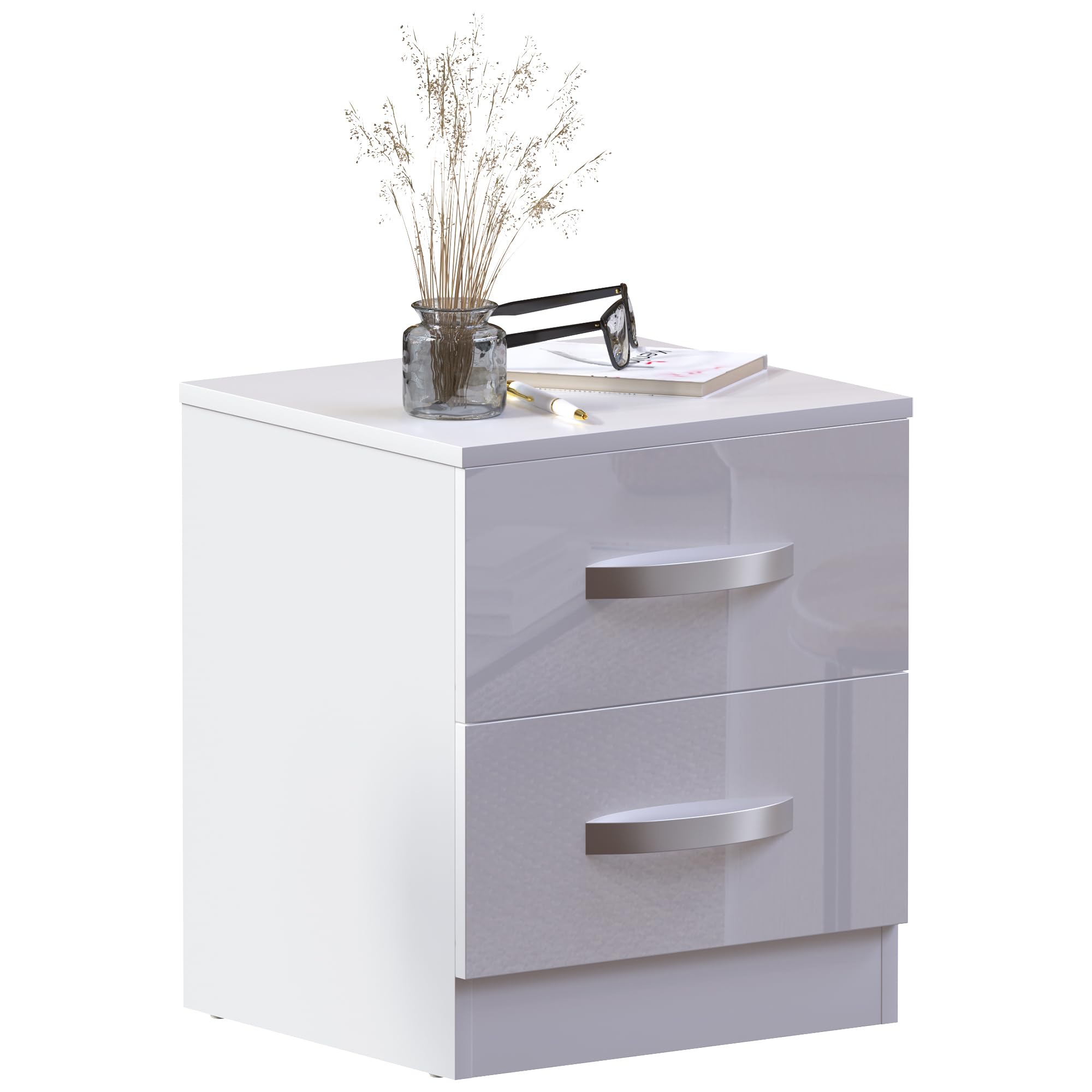 Vida Designs High Gloss Bedside Cabinet White, 2 Drawer With Metal Handles and Runners, Unique Anti-Bowing Drawer Support, Bedroom Furniture