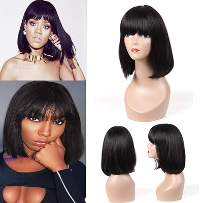 Human Hair Straight Short Bob Wigs with Flat Bangs Brazilian Virgin Hair Real Hair Wigs Shoulder Length Bob Style for Black Women Natural Color (12 inch straight wig with flat bangs)