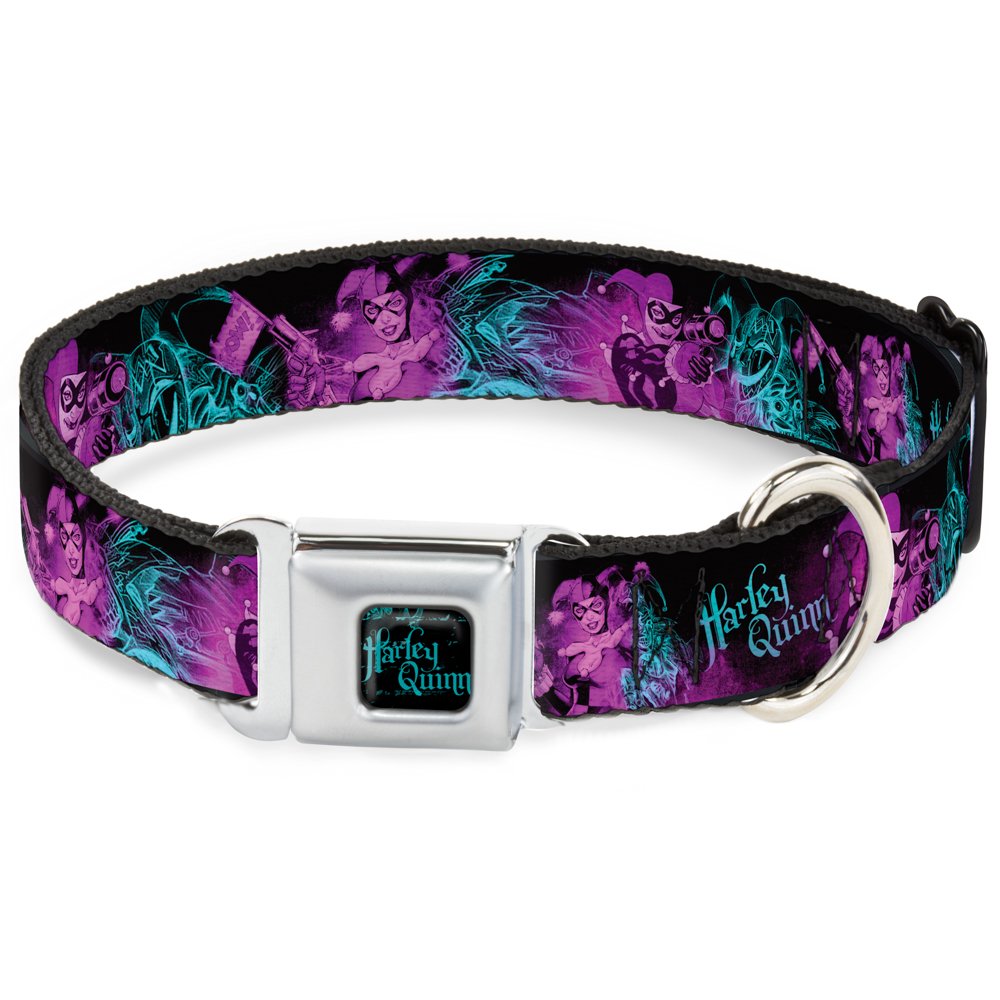 Buckle Down DC-WJK047-WM Seatbelt Dog Collar, Wide Medium, HARLEY QUINN Pow & Aiming Poses/Joker Sketch Black/Turquoise/Fuchsia