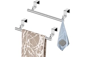 2 Pack Cabinet Door Towel Bar, Dish Towel Rack for Cabinet, Stainless Steel Kitchen Towel Holder, 2 Hooks 8 EVA Foam Protecti