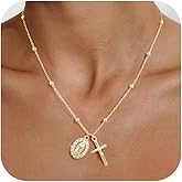 Gold Cross Necklace for Women - 14k Gold Plated Virgin Mary Pendant Necklaces,Hypoallergenic Non Tarnish Golden Cubic Zirconia Catholic Virgen de Guadalupe Jewelry,Religious Faith Baptism Gift for Her