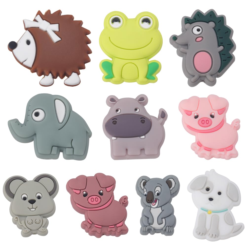 SUNNYCLUE 1 Box 10 Styles Silicone Beads Animals Cute Silicone Focal Beads Double Sided Dog Charms Frog Pig Elephant Hippo Bead Rubber Beads for Jewellery Making Kits Beading Pen Lanyards Decoration